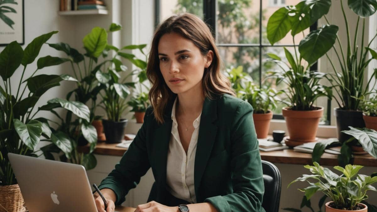 A thoughtful young professional woman working from home surrounded by lush green plants and natural light, sitting at a cozy desk with a laptop, journal, and healthy snacks. Editorial photorealistic style, relaxed yet focused mood, the main subject well-centered and in sharp focus. Clean background with hints of urban Buenos Aires through a window, warm daylight illuminating the scene.