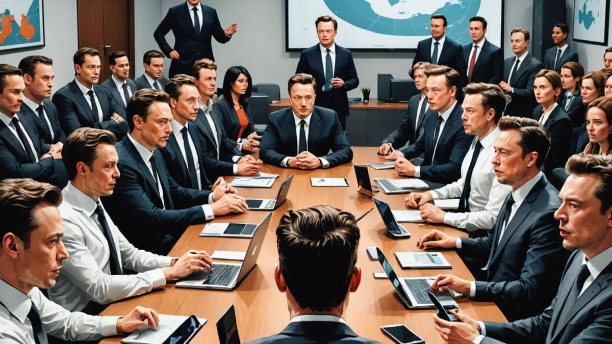 A photorealistic editorial-style image of a modern office boardroom at Tesla headquarters, with Elon Musk centered and seated at the main table, looking distractedly at multiple devices (smartphone, tablet, laptop) while business documents are spread around him. Around him, a group of diverse investors and executives exchange concerned glances. The mood is tense but professional, with bright neutral lighting and sleek technology details visible. The main subject (Musk) is clearly centered and in sharp focus; background elements are minimal and clean.