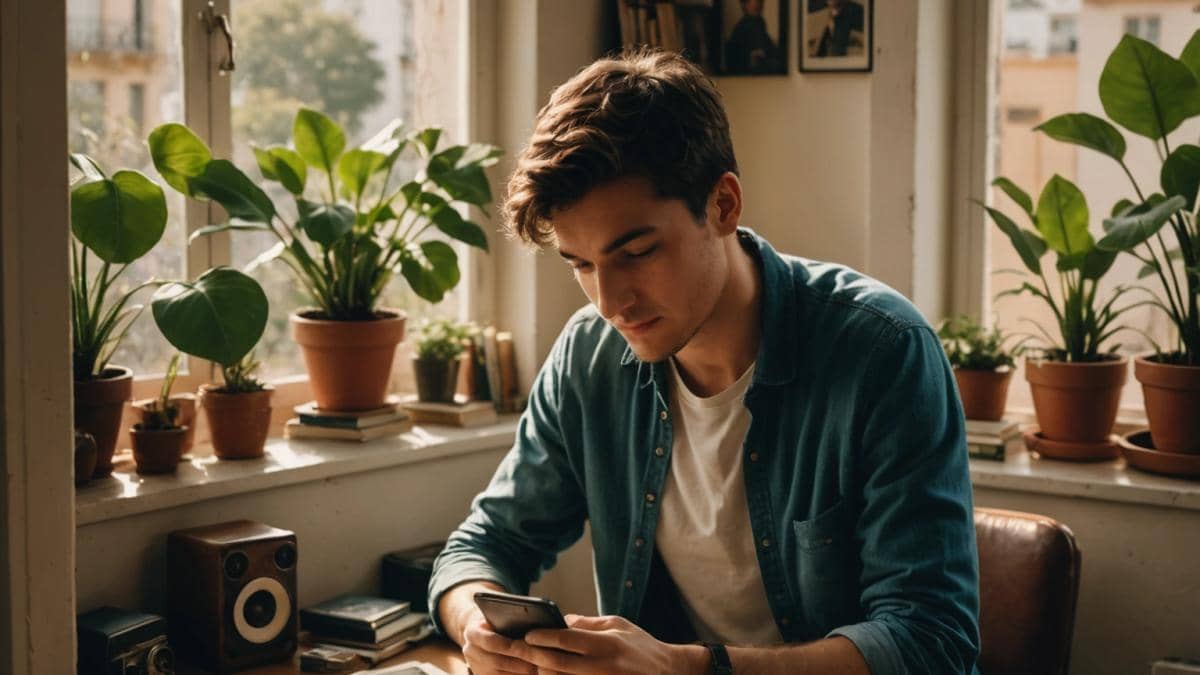 Aaron Bartoli-Nucci y la lección de bienestar familiar que nadie te cuenta A young man in his early twenties, casually dressed, sitting in a cozy, plant-filled apartment in Buenos Aires, looking at old family photos on his phone with a gentle smile. Editorial photorealistic style, warm afternoon light streaming through the window, soft shadows, a few personal objects (books about music and football) around him. The main subject is centered and in sharp focus; background clean but inviting.