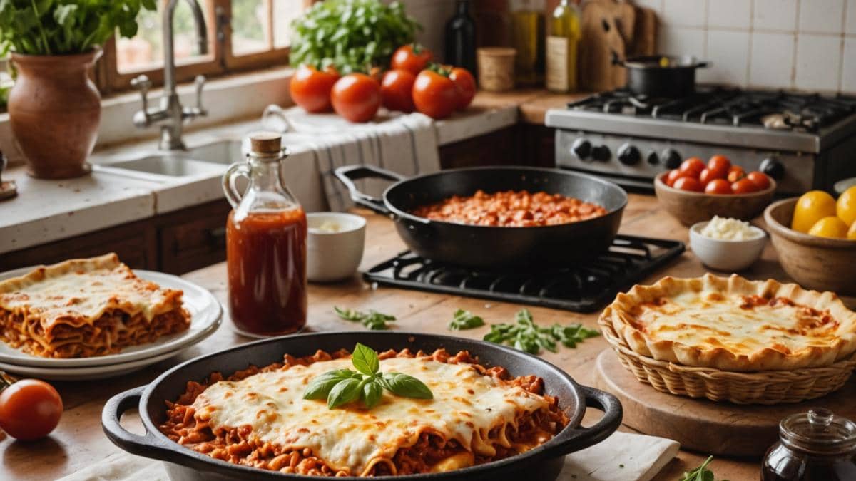 Lasagna a la sartén: el truco andaluz que arrasa entre jóvenes y foodies A center-focused shot of a Spanish kitchen countertop with a vibrant skillet lasagna in the foreground, photorealistic editorial style, natural midday light highlighting layers of tomato sauce, melted cheese and fresh herbs. Props include local Andalusian vegetables, olive oil bottles, and a rustic Cádiz market basket in the background. The main dish is steaming hot, visually inviting, well-centered and sharply in focus.