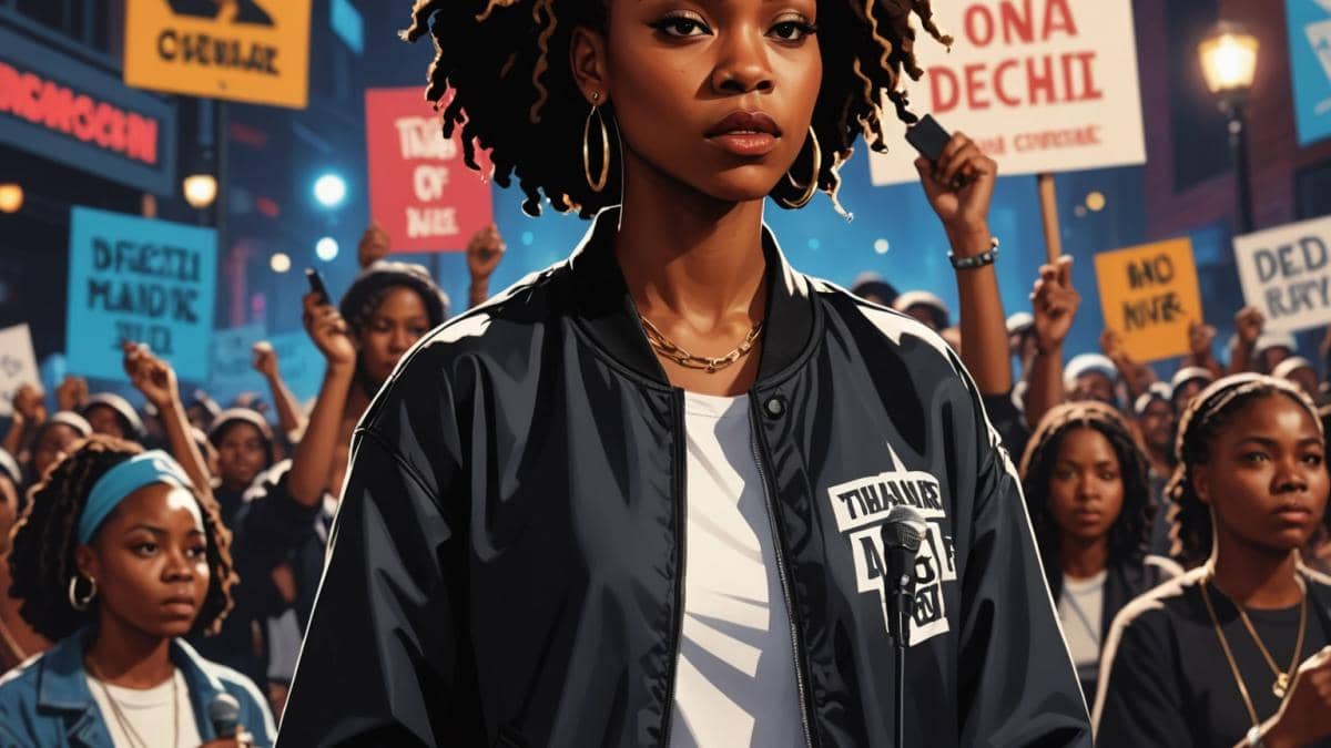 Doechii y su discurso en los BET Awards: hip hop, protesta y el arte de incomodar al poder Doechii, a powerful Black female hip-hop artist, standing center stage at an award ceremony, microphone in hand, with an intense and determined expression. The background shows blurred lights of the theater and subtle silhouettes of protesters outside holding signs. Photorealistic editorial style, dramatic spotlight on Doechii, vibrant yet serious mood. Main subject well-centered and in sharp focus, evoking both celebration and social urgency.