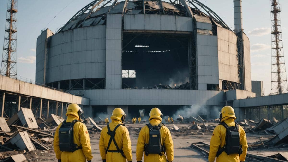 Dron ruso en Chernóbil: ¿la ingeniería nuclear necesita rediseñarse ya? A large, modern steel arch structure covering the Chernobyl reactor, with visible drone impact damage on its roof, photorealistic editorial style, early morning lighting highlighting smoke and emergency workers in hazmat suits inspecting the site, Ukrainian flags nearby, main subject (damaged dome) clearly centered and in focus, clean and dramatic background showing exclusion zone landscape.