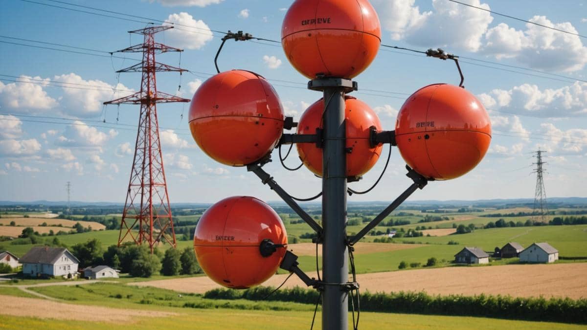 ¿Bolas rojas en cables de alta tensión? Descubre su historia secreta y cómo salvan vidas A close-up of bright red and orange spherical markers attached to high-voltage power lines, with a scenic rural landscape and a low-flying helicopter in the background, photorealistic editorial style, clear sunny sky with some clouds, vibrant colors, the main sphere centered and sharply focused, realistic detail on the cables and surrounding environment, clean background emphasizing the spheres' visibility.