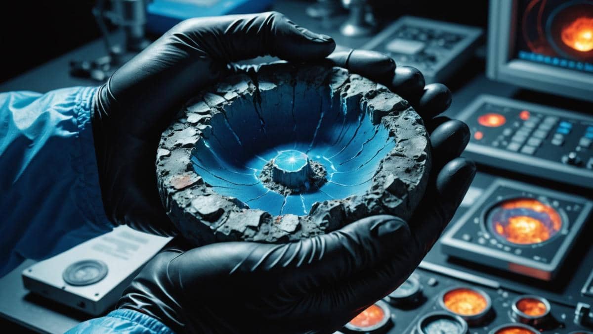 A cross-sectional editorial illustration of Earth showing the crust, mantle, and core, with a vivid blue layer representing a hidden ocean at 700 km depth. Centered in focus is a glowing mineral sample (ringwoodite) held by a scientist’s gloved hands, surrounded by high-tech lab equipment. Editorial, photorealistic style, bright and sharp lighting, clean scientific environment, main subjects clearly centered and in focus.