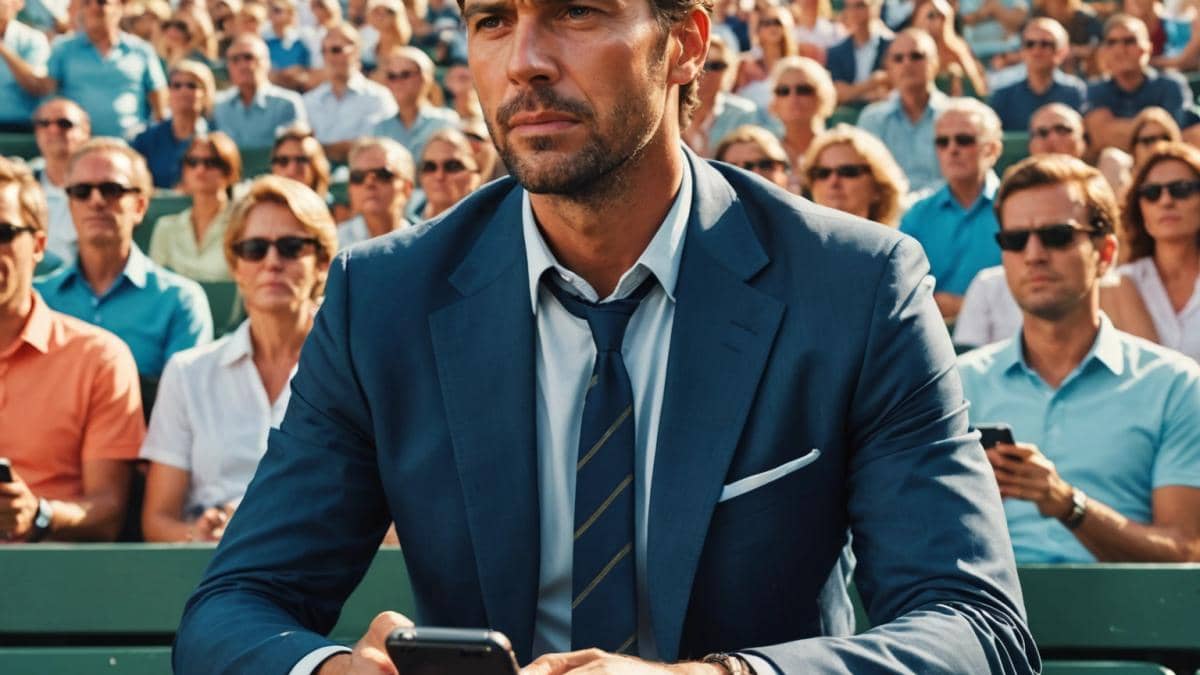 Roland-Garros, Nadal y el SMS que sacudió la TV: ¿Qué aprendemos de la resiliencia? A close-up of a well-dressed man sitting in the stands of a tennis stadium during a major match, holding his phone and reacting with visible shock while a dramatic match plays out in the background. Photorealistic editorial style, early summer sunlight over the crowd, vivid emotions on his face, main subject sharply centered and in focus, surrounding audience blurred for emphasis.