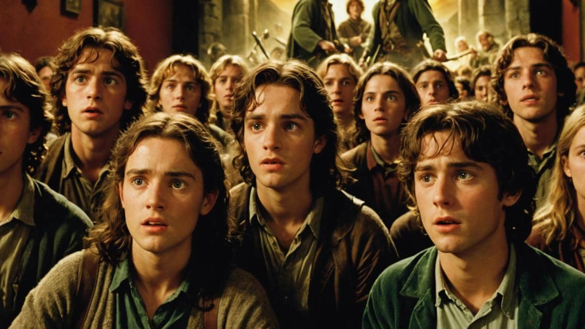 El Señor de los Anillos: ¿Por qué aquel tráiler cambió la historia del cine para siempre? A group of excited moviegoers in a Madrid cinema in 2001, watching the first trailer for The Lord of the Rings: The Fellowship of the Ring, photorealistic editorial style, dim ambient lighting with the glow from the screen illuminating captivated faces, classic film posters on the walls, central focus on an awe-struck young woman holding a notebook and pen, vivid expressions of anticipation and wonder, clean theater background.