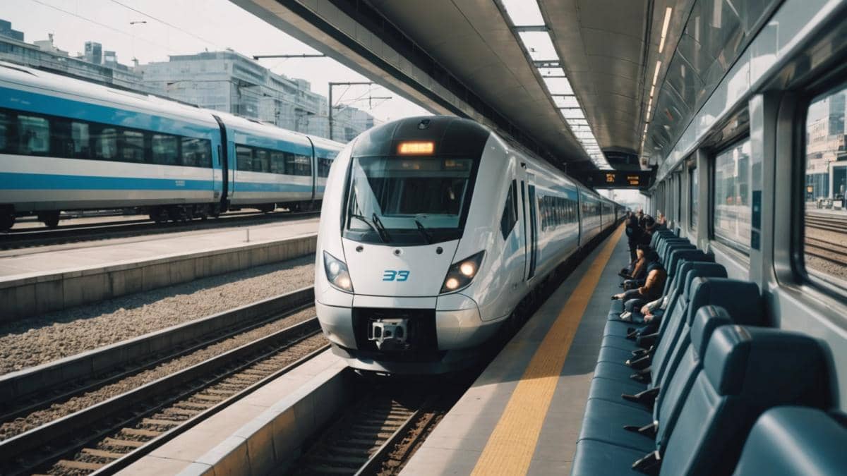 A modern high-speed train traveling at full speed through an urban landscape, photorealistic editorial style, dynamic motion blur emphasizing speed, passengers visible through large windows enjoying comfortable seats and using technology, bright daylight with clear skies, main train centered in sharp focus, bustling cityscape in the background.