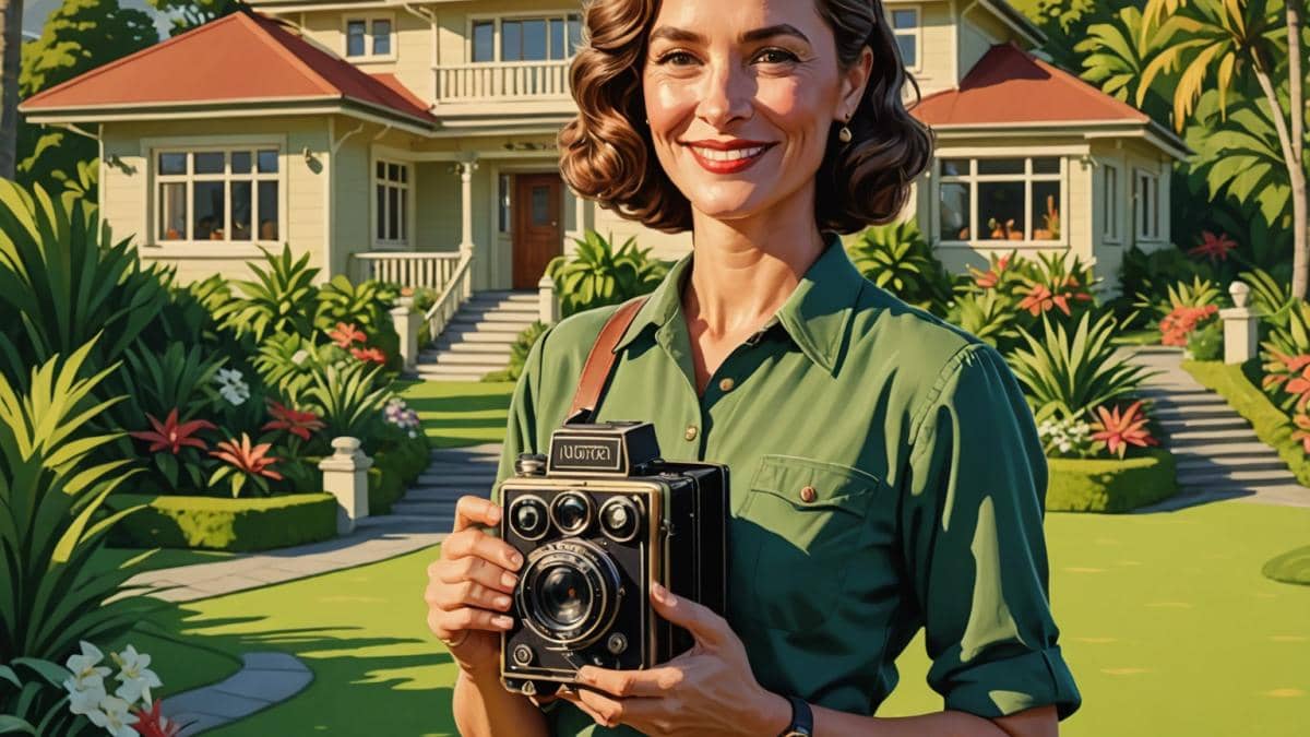 Luciane Buchanan, a proud Kiwi-Tongan actress, standing at the center in front of a classic New Zealand family villa, holding a vintage film camera and smiling warmly. Photorealistic editorial style, golden hour lighting, lush green garden with Pacific island details, nostalgic atmosphere. Main subject centered and in sharp focus, house and nature elements complementing the scene, clean background.