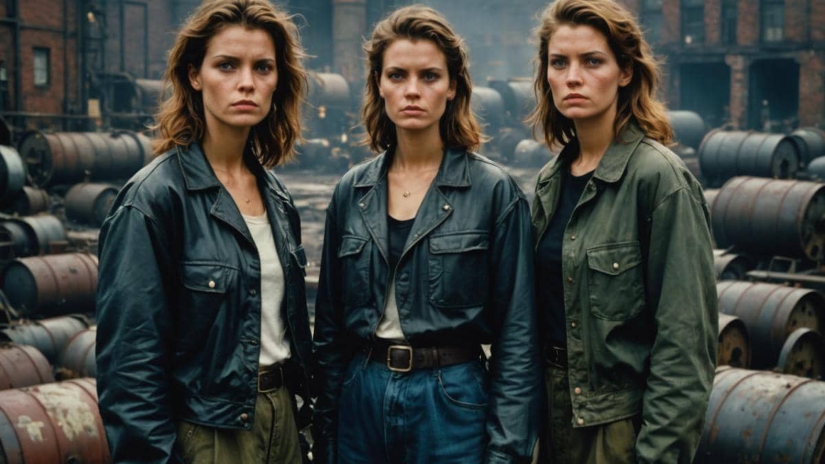 Ciudad Tóxica en Netflix: ¿Qué nos enseña sobre salud, resiliencia y justicia social? A group of three determined women standing together in an industrial British town, 1990s fashion, photorealistic editorial style, serious expressions, misty atmosphere with steel plant ruins and toxic waste barrels in the background. The main subjects are well-centered and in sharp focus, highlighting their unity and strength.