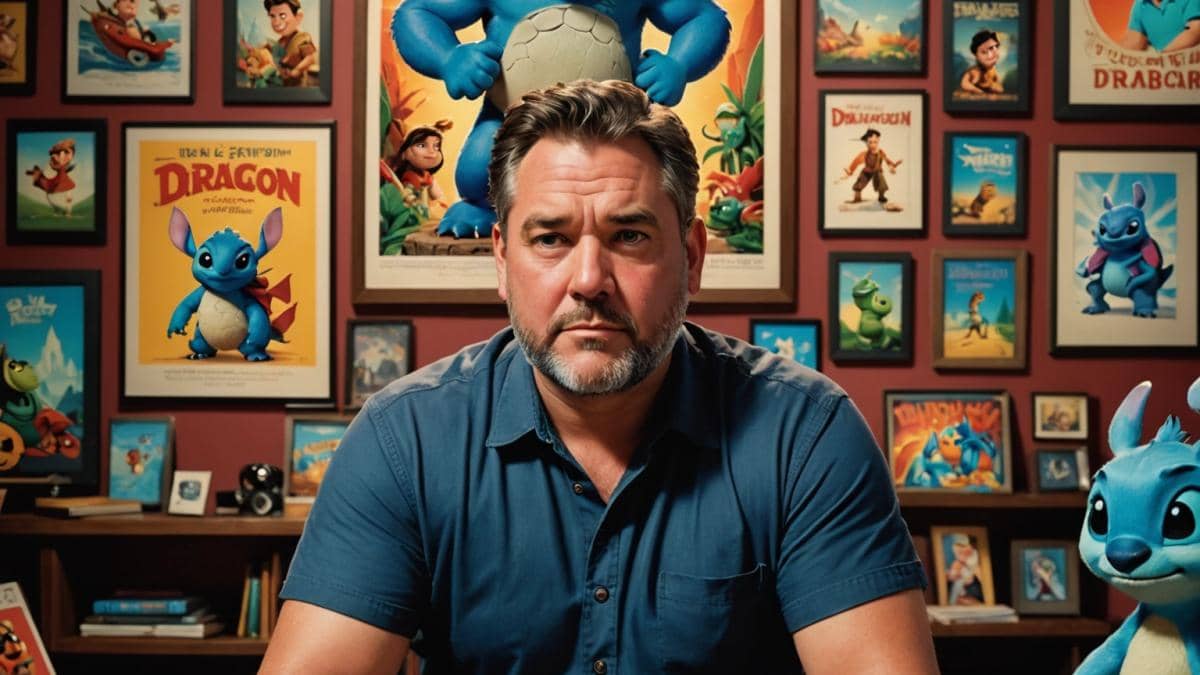 A centered editorial-style portrait of Dean DeBlois, thoughtful and slightly distant, surrounded by classic animated posters of 'Lilo & Stitch' and 'How to Train Your Dragon', photorealistic style, studio lighting, creative atmosphere with subtle Disney and DreamWorks memorabilia, well-centered and in sharp focus.
