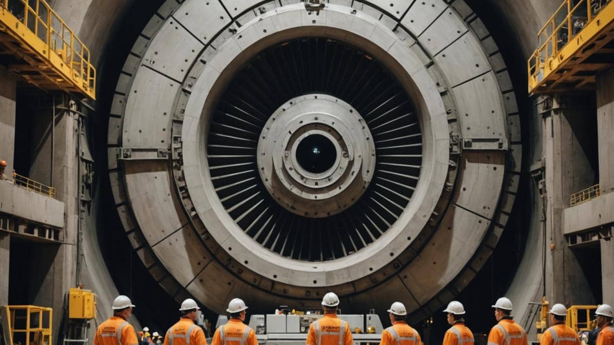 Tuneladora Mayrit: El monstruo de la Línea 11 que Madrid nunca imaginó (y lo que nadie te cuenta) A massive tunnel boring machine being assembled in a modern urban underground construction site, photorealistic editorial style, centered composition with engineers in high-visibility suits inspecting the gigantic machinery, clear focus on the main subject, bright yet realistic lighting, background hints of city elements and metro signage.