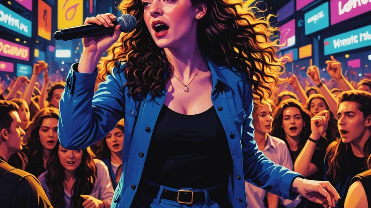 Lorde revienta la escena con “Hammer”: el himno de los 20s tardíos (y lo que nadie te cuenta) Lorde performing energetically on stage at night, photorealistic editorial style, bright neon city lights in the background, vibrant crowd with diverse young adults dancing and singing, Lorde in a bold outfit clearly centered and in sharp focus, dynamic lighting highlighting movement and emotion, clean stage with visible microphones and instruments.