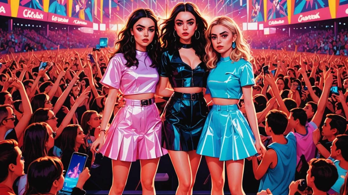 Three vibrant female pop stars—Charli xcx, Chappell Roan, and Sabrina Carpenter—centered on a massive outdoor stage at night in Barcelona, photorealistic editorial style. The crowd is a sea of excited fans waving neon glow sticks. Colorful stage lights create an electric, euphoric atmosphere. In the background, a whimsical 'Powerpuff Girls' statue is visible. The main trio are clearly centered and in sharp focus, with dynamic poses capturing their unique personalities; stylish costumes and energetic body language. Clean background with hints of city lights.