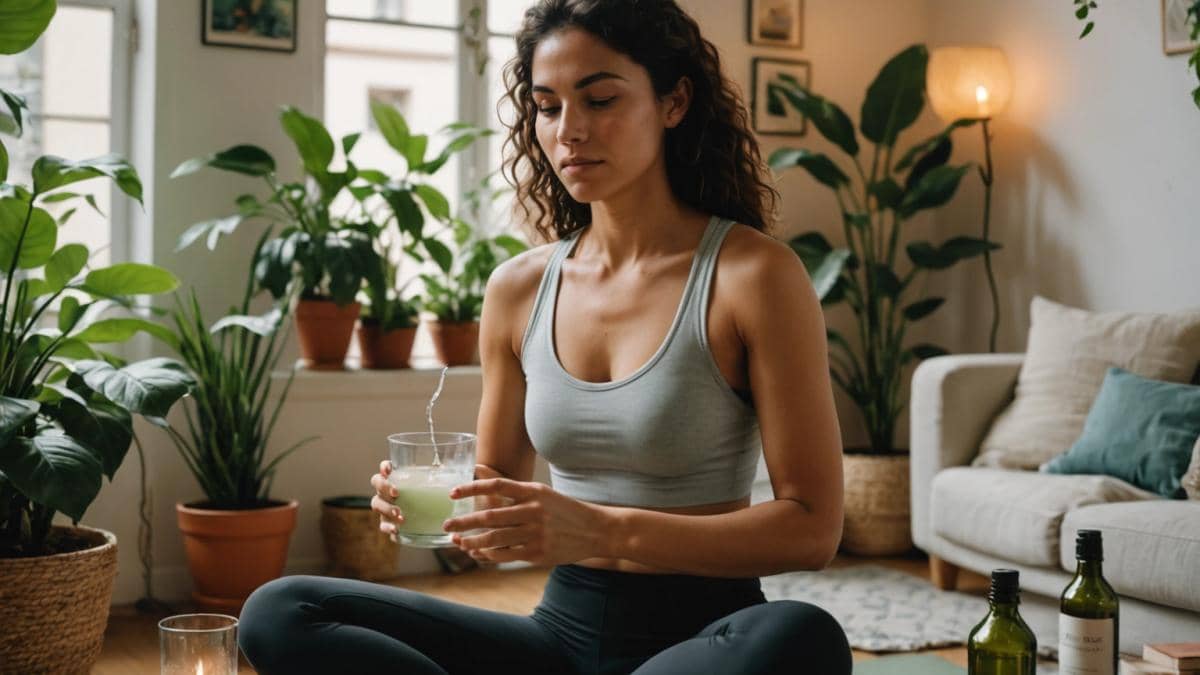 Creatina y cerebro: el giro inesperado que nadie te cuenta A young Latina woman in her cozy Buenos Aires apartment, surrounded by green plants and books, holds a glass of water with creatine powder next to a yoga mat and healthy food. Photorealistic editorial style, bright natural lighting, relaxed and inspired mood, main subject centered and clearly in focus, background subtly showing candles and personal growth books.