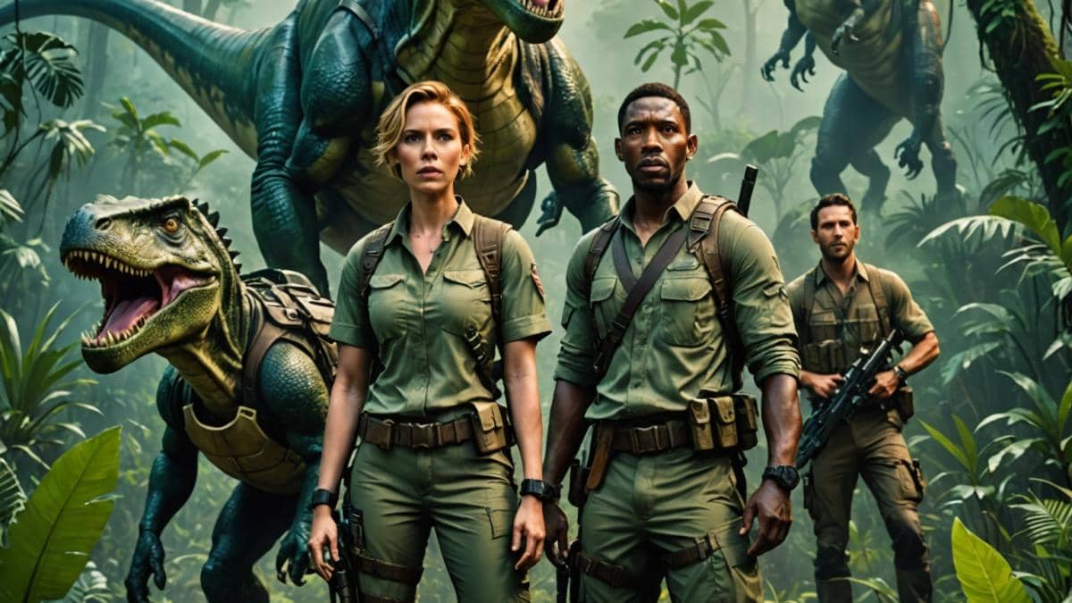 Jurassic World 4: Lo que nadie te ha contado del regreso jurásico más esperado Scarlett Johansson as a tough female mercenary, flanked by Mahershala Ali and Jonathan Bailey in rugged adventure gear, standing in a lush, overgrown jungle clearing at dawn. Behind them loom enormous, photorealistic dinosaurs—one terrestrial, one aquatic visible in a misty river, and one airborne above the treetops. Editorial-style, dramatic lighting highlighting tension and adventure, center-focused on the main trio with sharp detail, cinematic atmosphere.