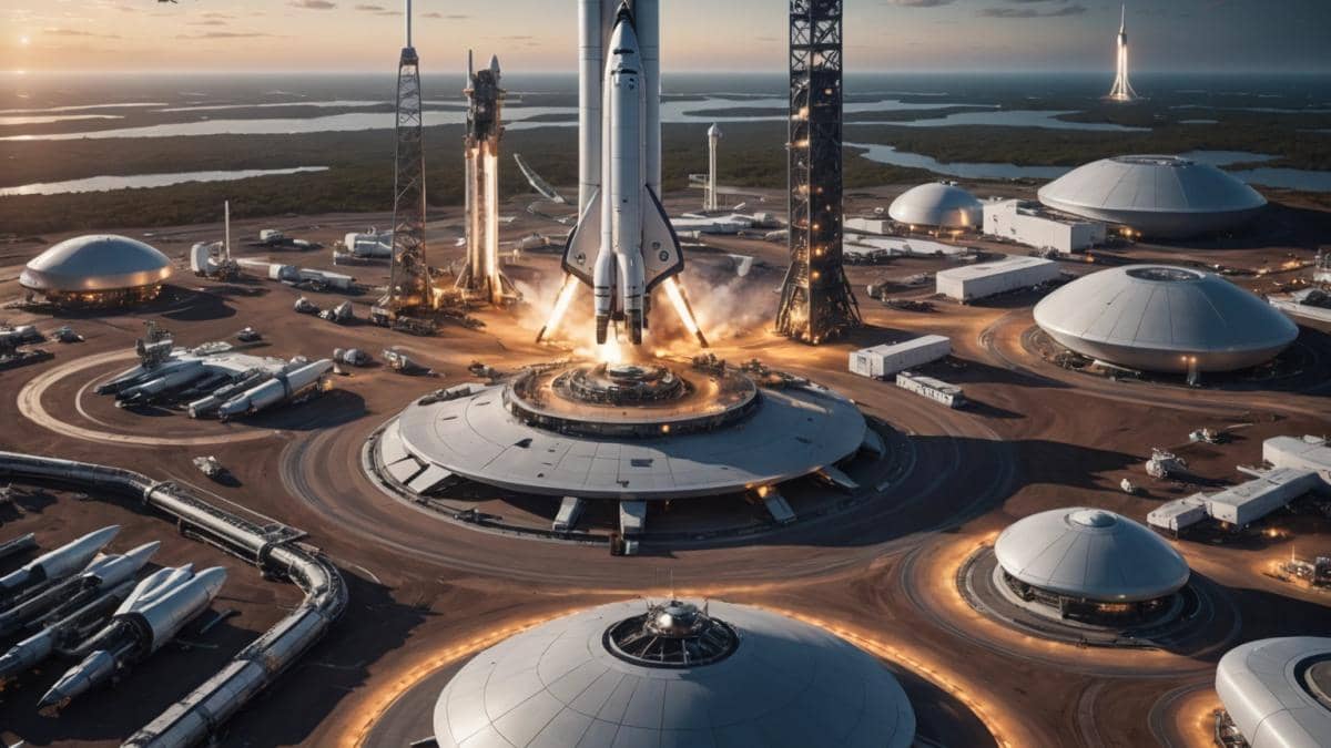 Viajar a Marte en 90 días: ¿Es el verdadero atajo que estábamos esperando? A futuristic rocket launch pad with multiple SpaceX Starship rockets, two crewed ships and four cargo vessels being prepared for interplanetary travel, photorealistic editorial style, energetic NASA engineers coordinating the operation, evening lighting highlighting metallic details, Earth’s curve visible in the background, main rocket centered and sharply in focus, dynamic tech-filled environment.