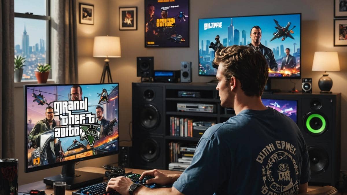 GTA Online Money Fronts: ¿Por qué el pre-descarga es solo para nueva generación? A well-centered gamer in a modern apartment, surrounded by both retro and next-gen consoles, downloading the GTA Online Money Fronts update on a large TV screen. Editorial photorealistic style, with dynamic natural lighting. The room features game posters, controllers, and energy drinks visible on a neat desk. The main subject is excitedly checking the download progress, clearly focused and sharp at the center of the image.