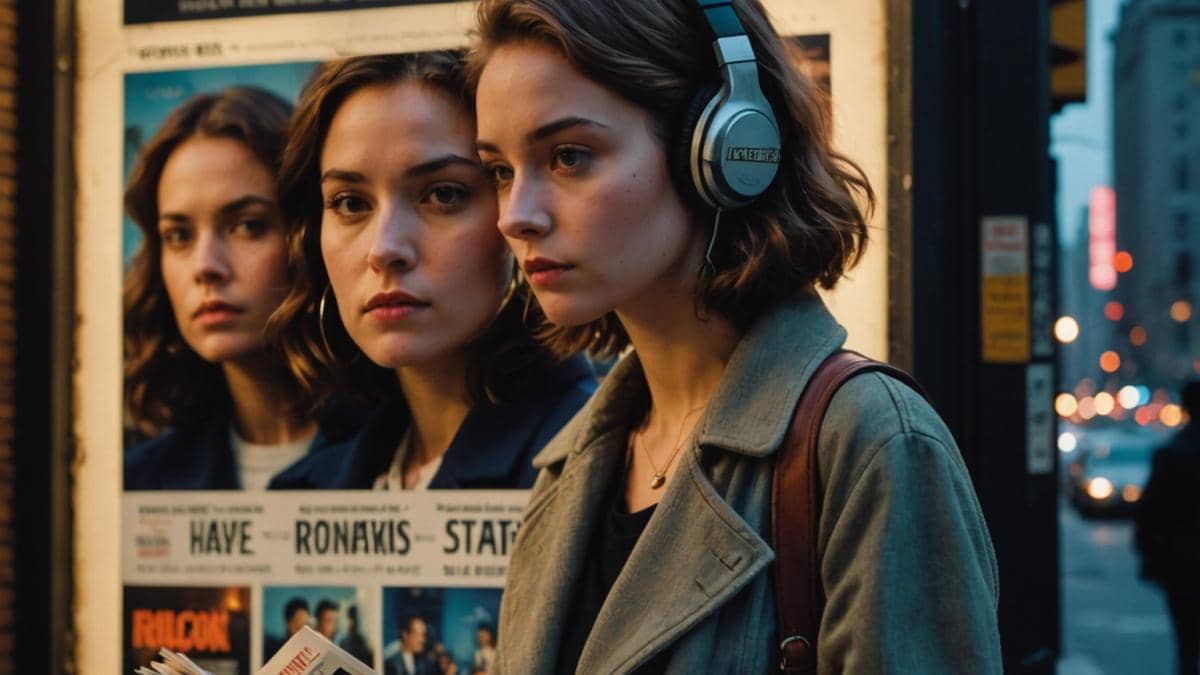 A stylish editorial shot of a modern New York City cinema exterior at dusk, with movie posters for 'Materialists' prominently displayed. In the foreground, a fashionable young woman in headphones holds a vintage notebook and gazes up at the poster, lost in thought. Warm streetlights illuminate her face, evoking nostalgia and urban romanticism. The background is softly blurred with hints of city life—yellow cabs, classic brownstones, and couples walking hand-in-hand. Editorial photorealistic style, main subject centered and in sharp focus, clean and atmospheric composition.