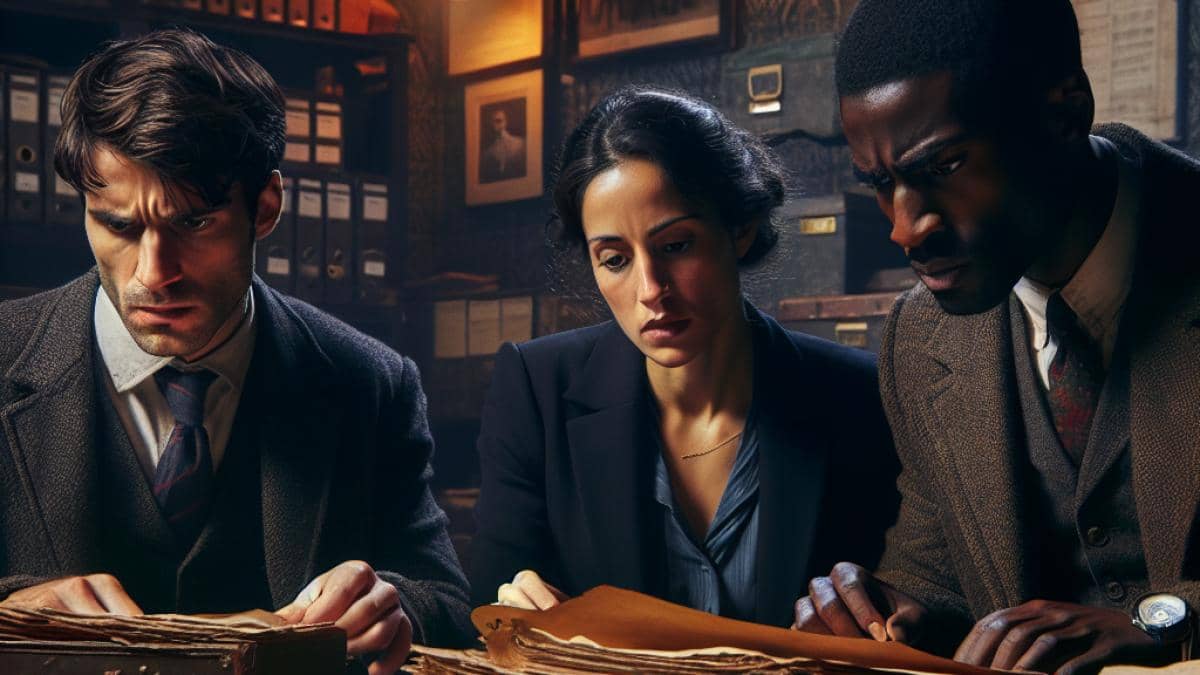 Dept. Q: ¿Por qué este thriller de Netflix arrasa y cambia las reglas del juego? A tense scene inside a dimly lit Edinburgh police archive, photorealistic editorial style, three detectives intensely reviewing old case files at a cluttered table, vintage Scottish decor with file boxes and crime evidence boards in the background, focused expressions, moody yet sharp lighting, main subjects well-centered and in clear focus.