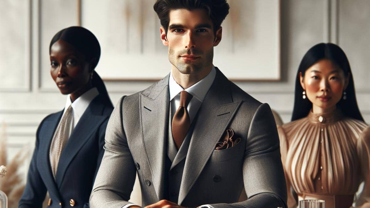 A well-dressed young man in his early 30s, sitting at a sophisticated dining table with family members in an elegant modern office space, editorial photorealistic style, soft natural lighting, luxury fashion details visible (e.g., Dior or Vuitton), subtle business documents and designer items on the table, centered composition with main subject sharply focused, professional yet warm atmosphere.