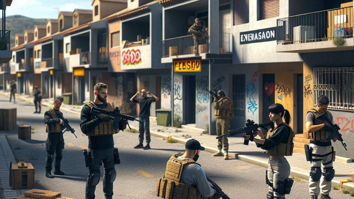 A photorealistic editorial-style image showing an abandoned Spanish suburban neighborhood, reminiscent of the Nuketown map from Call of Duty, with rows of empty modern houses, cracked pavement, and subtle graffiti. In the center, a group of Airsoft players in tactical gear prepares for a match. Bright afternoon lighting, vivid colors, main subjects centered and in sharp focus, clean background with some visible Spanish signage for authenticity.