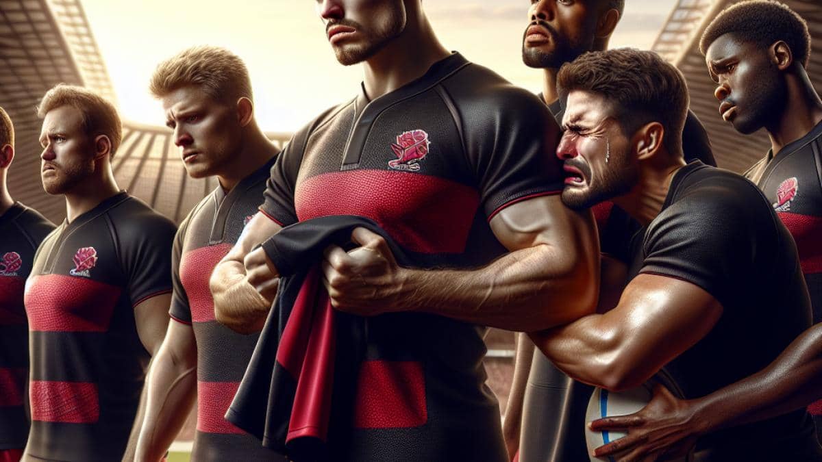 Rugby y adiós: ¿Qué significa perder a tus referentes como Antoine Dupont? A group of rugby players in red and black jerseys standing together at the center of an empty stadium, one player holding his jersey close with emotion, photorealistic editorial style, early evening golden hour lighting, visible tears and camaraderie among teammates, main subjects clearly centered and in sharp focus, clean stadium background highlighting the significance of the farewell moment.