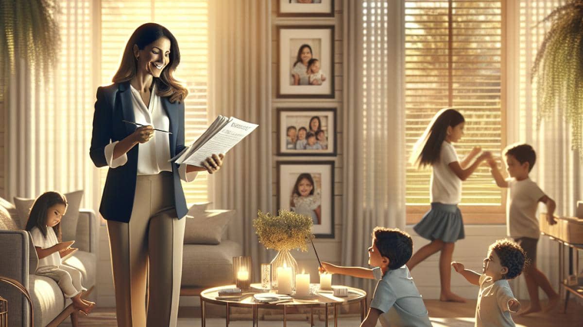 Familias numerosas y autocuidado: ¿Qué nos enseña el gran anuncio de Camille Santoro? A stylish mother of six, centered in a bright, cozy living room filled with family photos and playful children. Editorial photorealistic style, natural daylight streaming through new window blinds. The mother is smiling, holding paperwork and her phone, visibly content after a productive morning. Main subject well-centered and in sharp focus, warm homey atmosphere, plants and candles visible in the background.