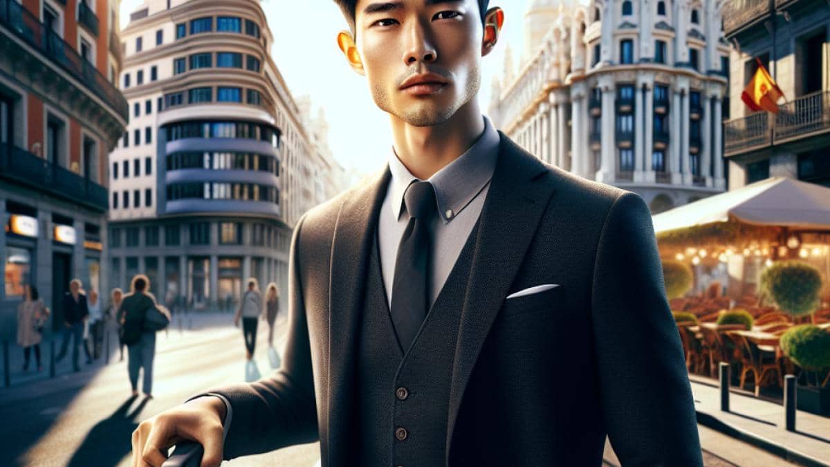 Cambio de rumbo: ¿qué nos enseña el salto de Raphaël Kretz a Madrid sobre bienestar y propósito? A young professional man, stylishly dressed, standing with luggage at the center of a bustling Madrid street, photorealistic editorial style, morning sunlight casting soft shadows, iconic Spanish architecture in the background, a sense of anticipation and determination on his face, main subject well-centered and in sharp focus, vibrant city details all around.