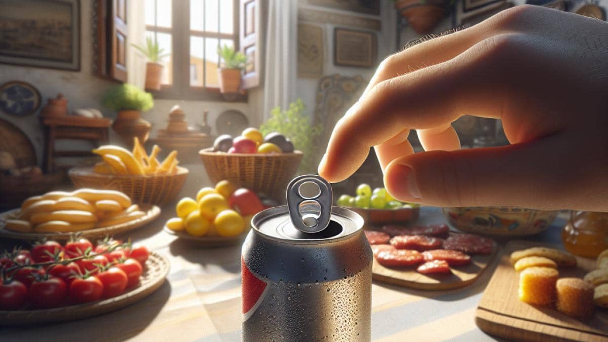 El misterio del furo en la lata: ¿Sabías para qué sirve de verdad? A close-up, editorial-style shot of a traditional Spanish kitchen table in Cádiz, featuring an open soda can with the tab and central hole clearly visible. The main focus is on a hand about to open the can using the hole, with fresh Andalusian tapas and market produce in the background. Photorealistic style, natural daylight streaming through a window, cozy and inviting mood. The soda can and the act of opening it are sharply centered and in focus.