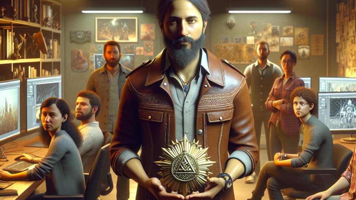 Videojuegos RPG: ¿Por qué CD Projekt RED no puede escapar de su fórmula ganadora? A focused group of game developers in a modern studio, analyzing concept art for an epic open-world RPG, photorealistic editorial style, warm lighting, high-end monitors and classic game memorabilia on shelves, main subject—a lead developer holding a Witcher medallion—centered and in sharp focus, creative yet professional atmosphere.