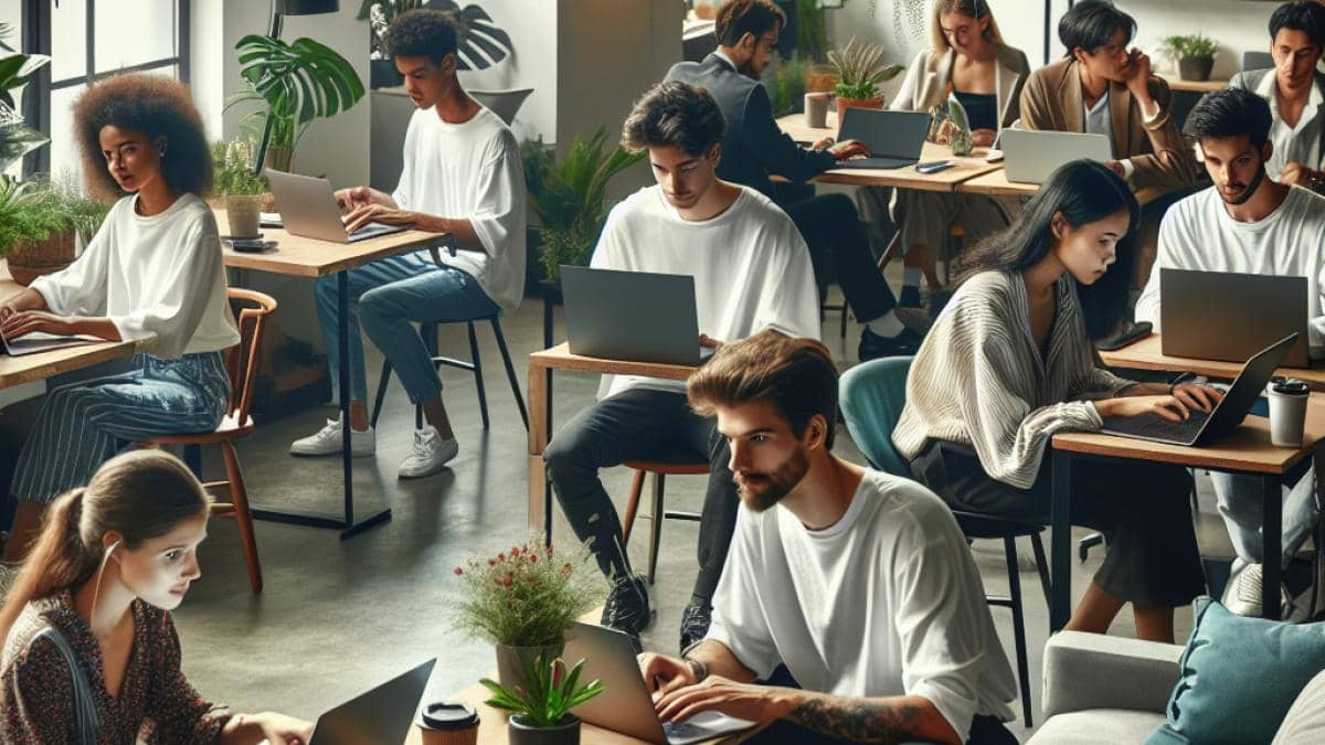 A modern coworking office in Buenos Aires, editorial photorealistic style, diverse group of young professionals working at flexible hours with laptops, some engaged in casual conversations, lush indoor plants and natural light creating a calm productive atmosphere, main subjects (workers) clearly centered and in sharp focus, clean stylish workspace background.