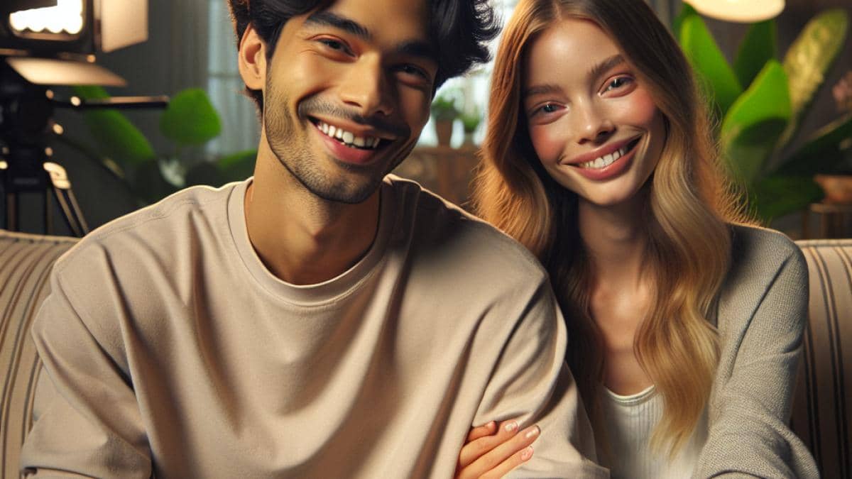 Mariés au premier regard: ¿Qué nos enseña el reality sobre las relaciones auténticas? A photorealistic editorial image of a young couple, relaxed and smiling, sitting close together on a cozy sofa in a softly lit living room. TV cameras and production lights are visible in the background, but the main focus is on the couple's authentic connection—subtle eye contact and gentle laughter. Modern French decor, lush indoor plants, and casual clothing create an intimate yet professional mood. Main subjects centered and sharply in focus, evoking warmth and trust.