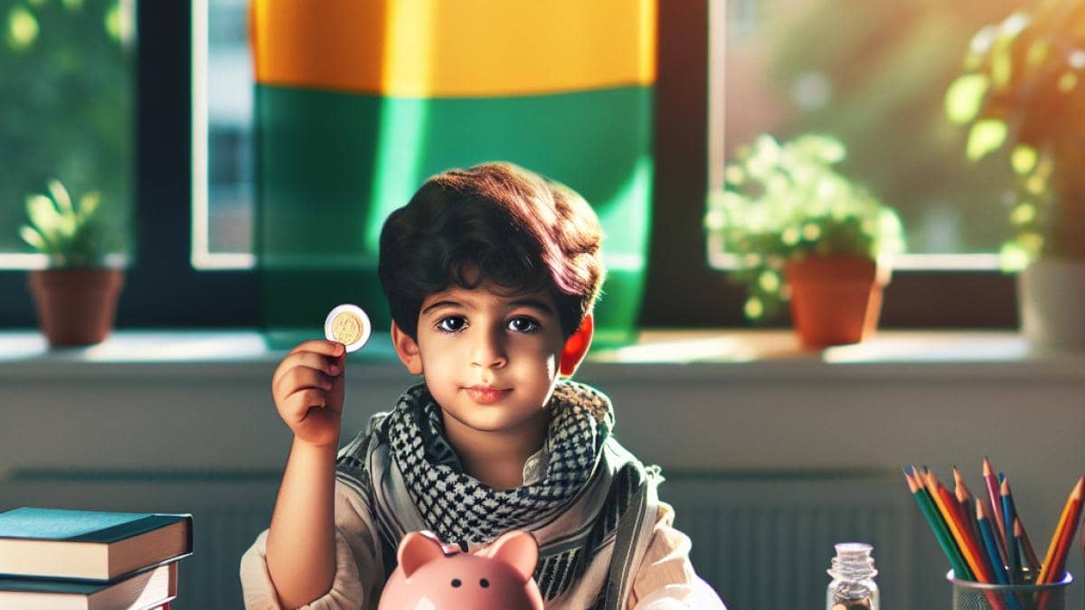A well-lit editorial photo of a young child, around six years old, sitting at a modern desk with educational books and colorful piggy banks. The child is focused, holding a coin above a piggy bank, with a subtle German flag in the background. The scene is bright, optimistic, and the child is centered and sharply in focus. Warm sunlight filters through a window lined with green plants, suggesting hope and future planning.