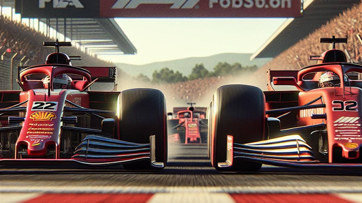 F1: ¿Qué harías tú si fueras Max Verstappen hoy? Un giro inédito amenaza la temporada 2025 A tense Formula 1 race scene, center-focused on Max Verstappen's Red Bull car and George Russell's Mercedes wheel-to-wheel contact, photorealistic editorial style, bright afternoon lighting, intense driver expressions visible through helmets, grandstand packed with fans in the background, FIA officials watching from the pit wall, all main subjects sharply centered and in focus for a dramatic moment.