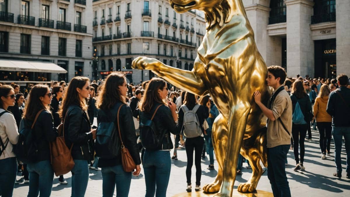 Estatuas virales en Madrid: ¿por qué todos tocan el Oso y el Madroño (y lo que nadie te cuenta)? A lively scene at Madrid's Puerta del Sol, photorealistic editorial style, a group of young diverse tourists lining up to touch the golden paw and tail of the iconic Oso y Madroño statue, vibrant city background with modern fashion, excited expressions, sunlight illuminating the well-centered statue and crowd, clean and urban atmosphere.