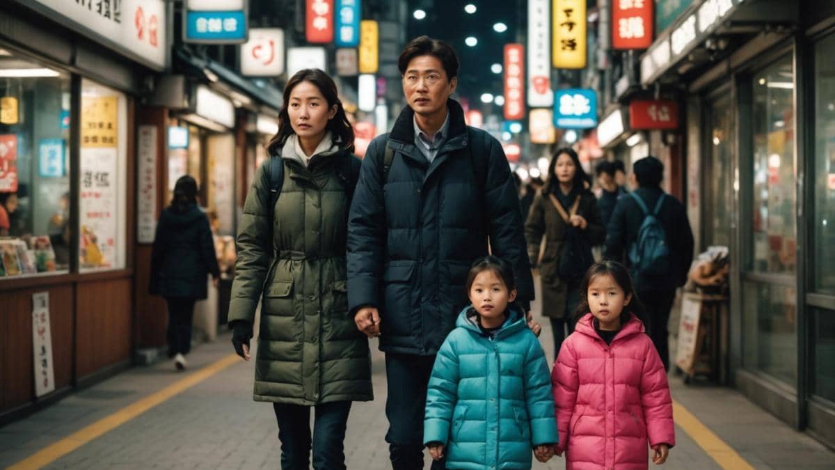 Educación en Corea del Sur: ¿Bienestar o presión extrema? Descubre el lado oculto de los hagwon A focused scene of a South Korean family—parents and a child—walking at night on a busy street in Seoul, passing by brightly lit hagwon (private academy) signs. Photorealistic editorial style, gentle urban lighting, the family looks both thoughtful and slightly tense. Main subjects well-centered and in sharp focus, background softly blurred with Korean-language neon signs and bustling city details.