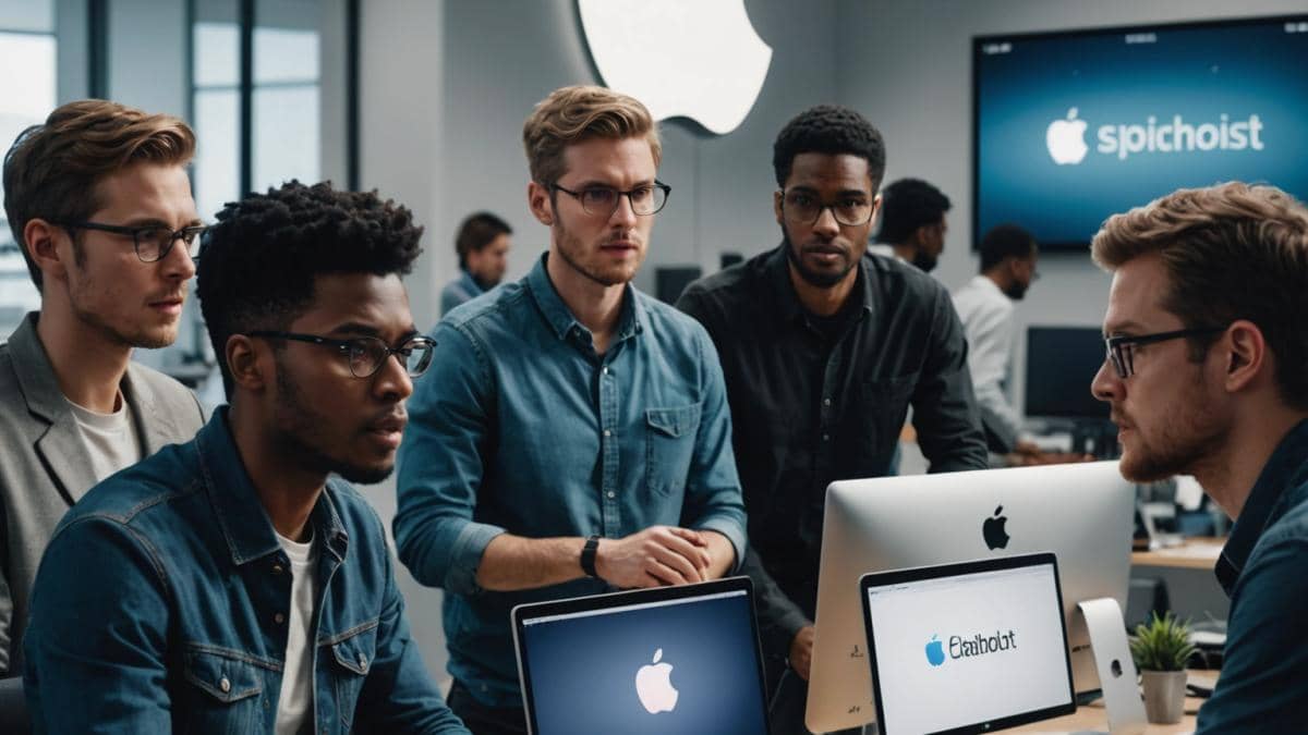 A photorealistic editorial image of a group of diverse software engineers in a modern office, gathered around a sleek computer displaying the Apple logo and an AI chatbot interface. One engineer looks surprised while another seems suspicious, suggesting the AI just gave an unexpected answer. Bright, focused lighting on the center group, with tech gadgets and code-filled screens in the background. The main subjects are well-centered and in sharp focus, conveying intrigue and high-tech innovation.