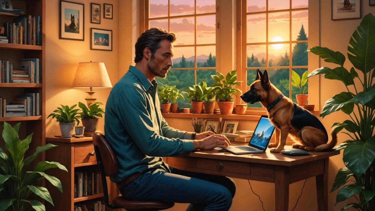 Anthony Delon: reinvención, soledad elegida y el arte como terapia secreta Anthony Delon seated at a wooden desk in a cozy, softly lit study surrounded by lush plants and family photos, typing on a laptop, two Malinois dogs lying peacefully at his feet; photorealistic editorial style, warm sunset lighting through the window, main subject well-centered and in sharp focus, intimate and reflective mood.