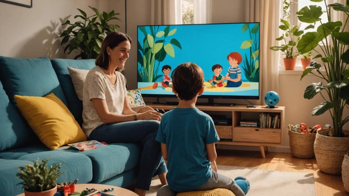 A modern living room in Buenos Aires, a mother and child sitting together on the sofa watching Bluey on a large flat-screen TV, photorealistic editorial style, warm evening light filtering through plants by the window, colorful toys scattered on the table, both smiling but with thoughtful expressions. Main subjects (mother and child) centered and in sharp focus.