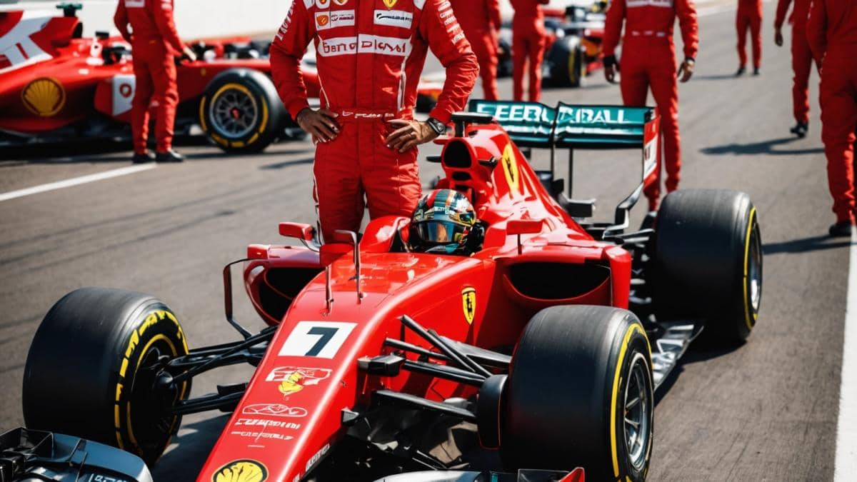 Lewis Hamilton y el salto a Ferrari: ¿mito o realidad para el alto rendimiento? Lewis Hamilton in his red Ferrari racing suit, standing confidently next to a sleek Ferrari Formula 1 car in the pit lane, photorealistic editorial style, bright daylight with soft shadows, intense focus on Hamilton's expression showing determination and curiosity, the vibrant red of the Ferrari and team logo visible, main subject centered and in sharp focus, blurred mechanics and engineers in background for depth.