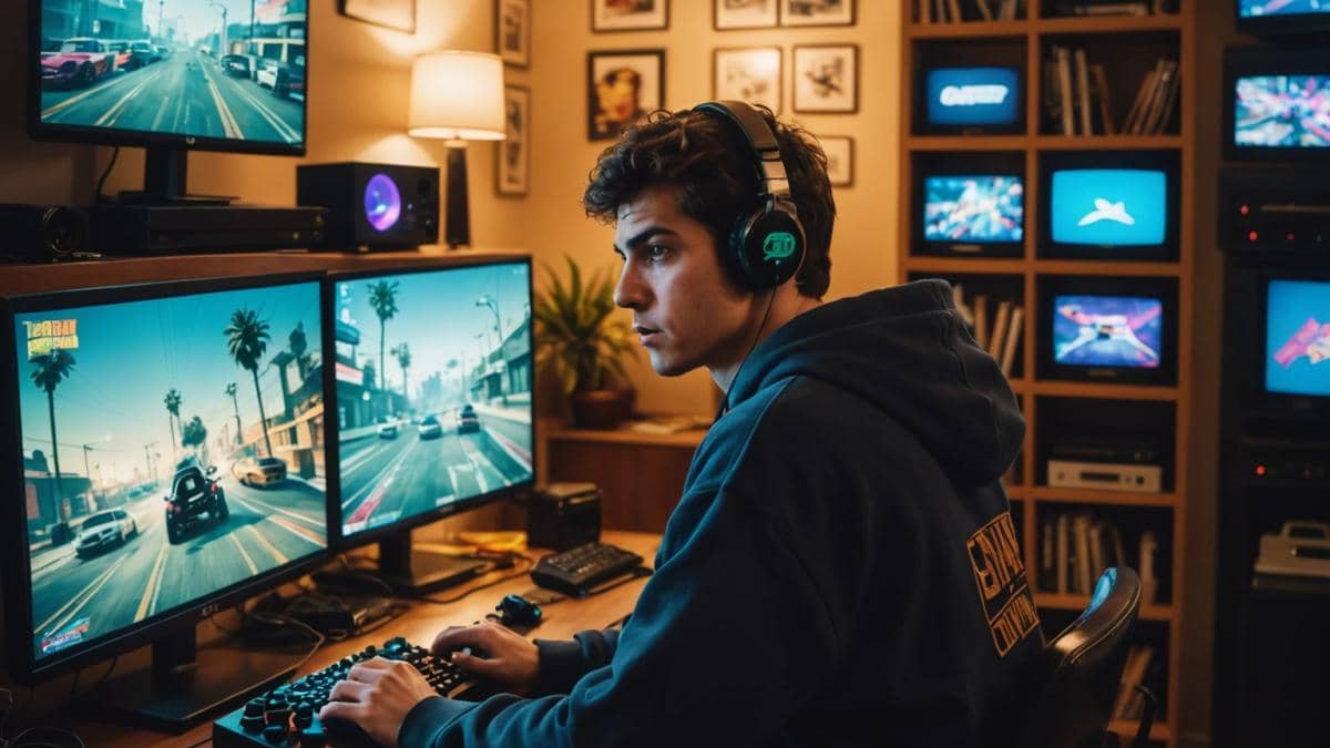 GTA Online Event Week: ¿El secreto para forrarte antes del gran DLC? A young Spanish gamer in his cozy apartment surrounded by retro and modern gaming consoles, intensely focused on a high-end PC screen displaying GTA Online. Editorial photorealistic style, warm lighting, shelves with iconic GTA memorabilia in the background, main subject centered and in sharp focus, subtle excitement in his expression as he checks the event rewards.