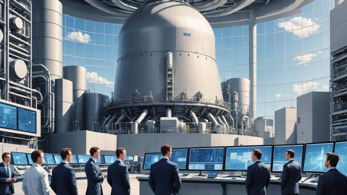 Inteligencia artificial y energía nuclear: ¿El inesperado matrimonio del futuro digital? A modern nuclear power plant in Illinois, USA, photorealistic editorial style, with Mark Zuckerberg and engineers discussing plans at the center, surrounded by high-tech data center equipment and digital screens showing AI algorithms, bright daylight, clear sky, professional attire, sharp focus on the group in front of the main reactor building, clean and organized environment.
