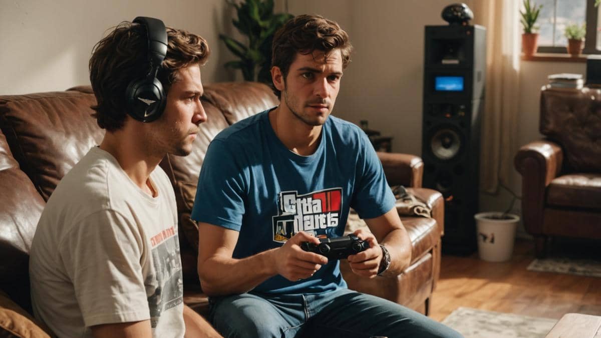 GTA 6 Trailer: ¿Por qué GTA V vuelve a brillar y Red Dead Redemption 2 cae? A photorealistic editorial-style image of a gamer’s living room, with both retro and modern consoles visible. At the center, a young Spanish man (late 20s) sits on a couch, holding a PS5 controller, eyes focused on the TV showing GTA V gameplay. Next to him, Red Dead Redemption 2 and Star Wars Battlefront II game cases are laid out on a coffee table. The room is well-lit, decorated with gaming posters, creating an enthusiastic yet analytical mood. Main subject centered and in sharp focus.
