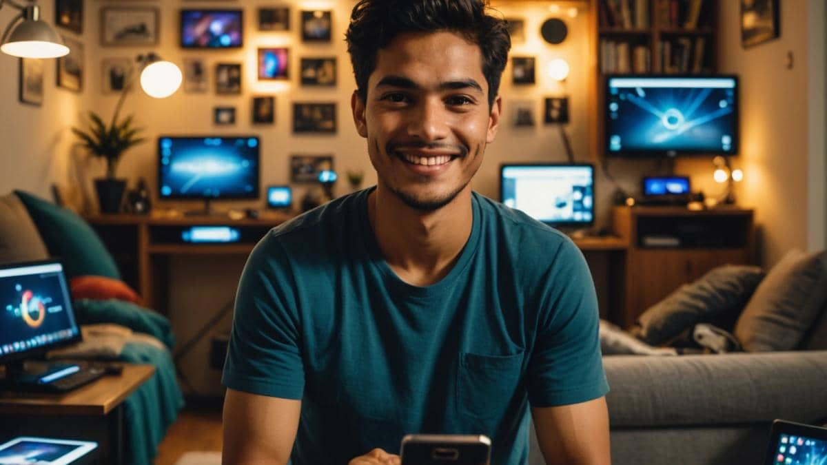Apps Samsung gratuitos: ¿Sabías que estos 5 joyas no vienen preinstaladas? A young Latin American man in his tech-filled Medellín apartment, holding a Samsung Galaxy phone and smiling, surrounded by futuristic gadgets, warm lighting with tech books and screens softly illuminated in the background. Photorealistic editorial style. The man is centered and in sharp focus, exuding excitement and curiosity.