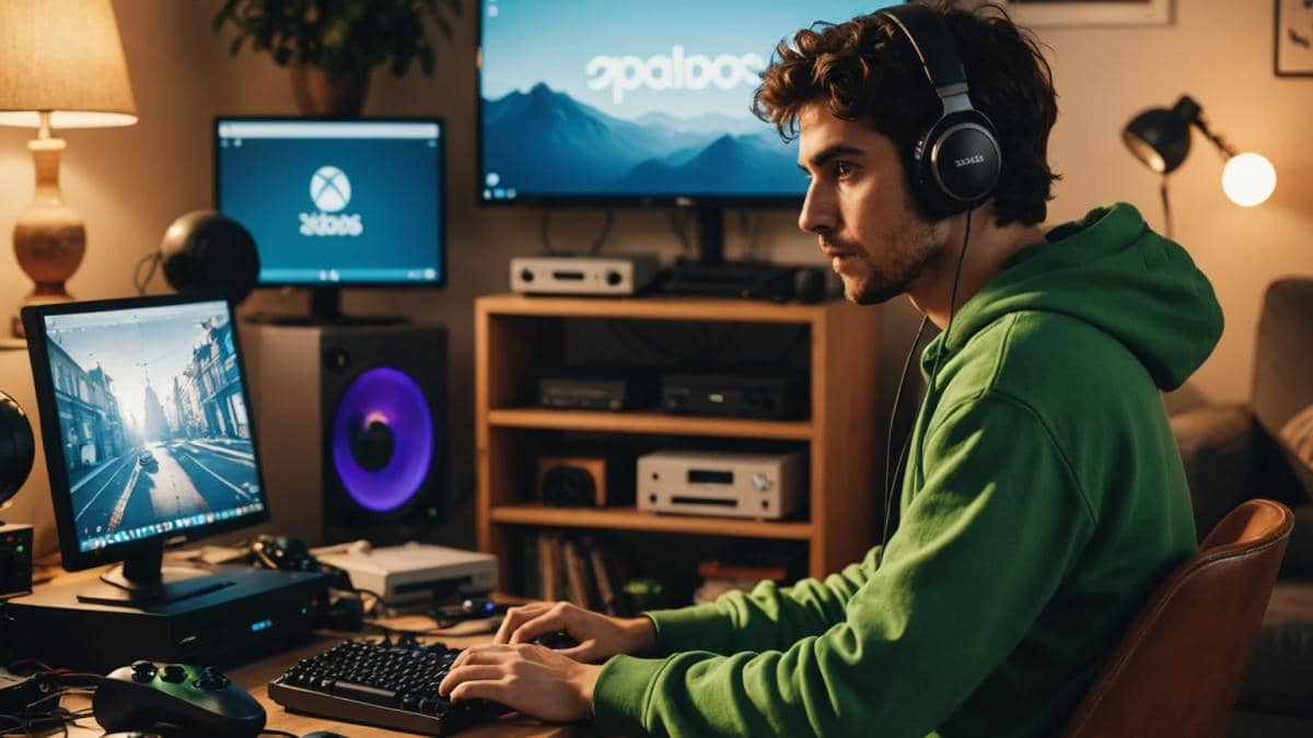 Xbox portátil: ¿decisión sabia o error histórico de Microsoft? A photorealistic editorial image of a young Spanish indie game developer in a cozy apartment filled with retro and modern consoles, seated at a desk analyzing both a Steam Deck and a closed Xbox portable prototype, bathed in warm natural light, screens showing Windows 11 and SteamOS interfaces, the main subject clearly centered and focused, stylish tech decor and game posters in the background.