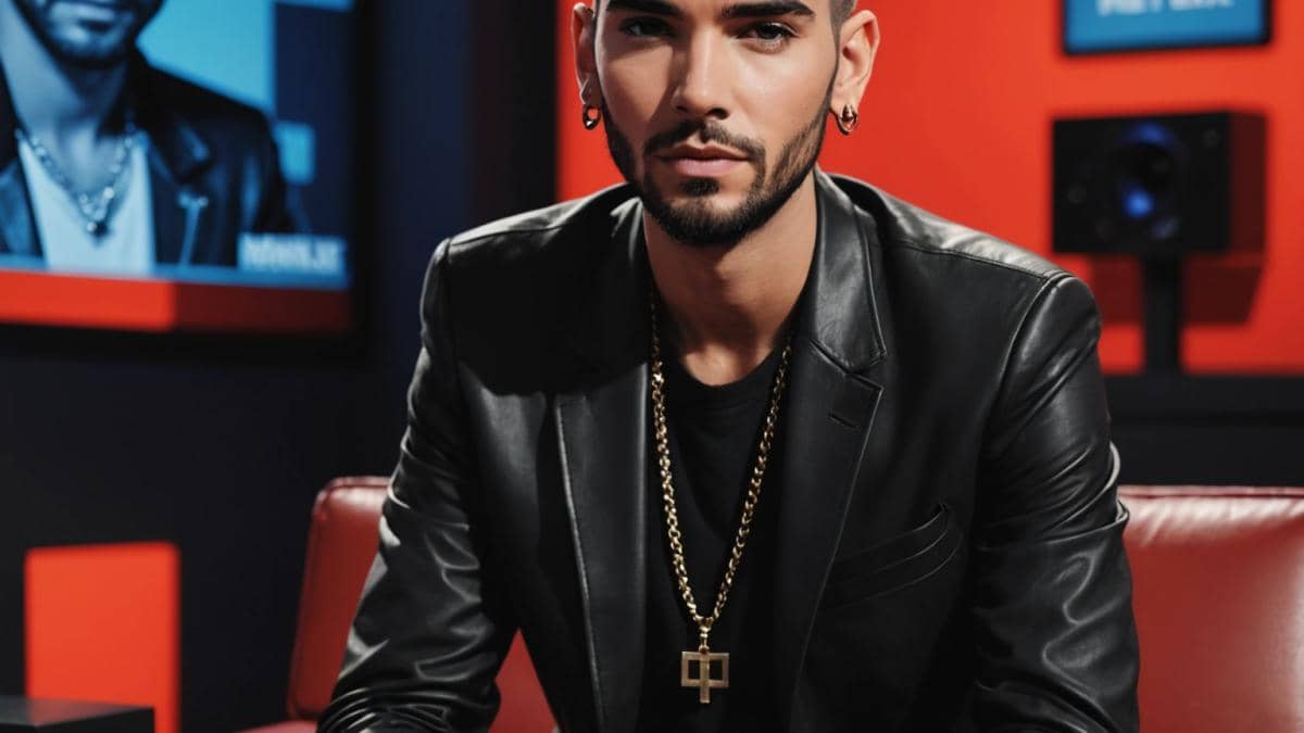 Bill Kaulitz: ¿Qué se esconde tras su ruptura viral con Marc Eggers? Bill Kaulitz sitting at a sleek, modern interview set, surrounded by dramatic lighting, expressive gestures as he speaks openly, with a subtle backdrop of Netflix and podcast logos. The atmosphere is emotional yet vibrant, the main subject sharply centered and in focus, evoking an intimate, editorial mood suitable for a culture magazine cover.