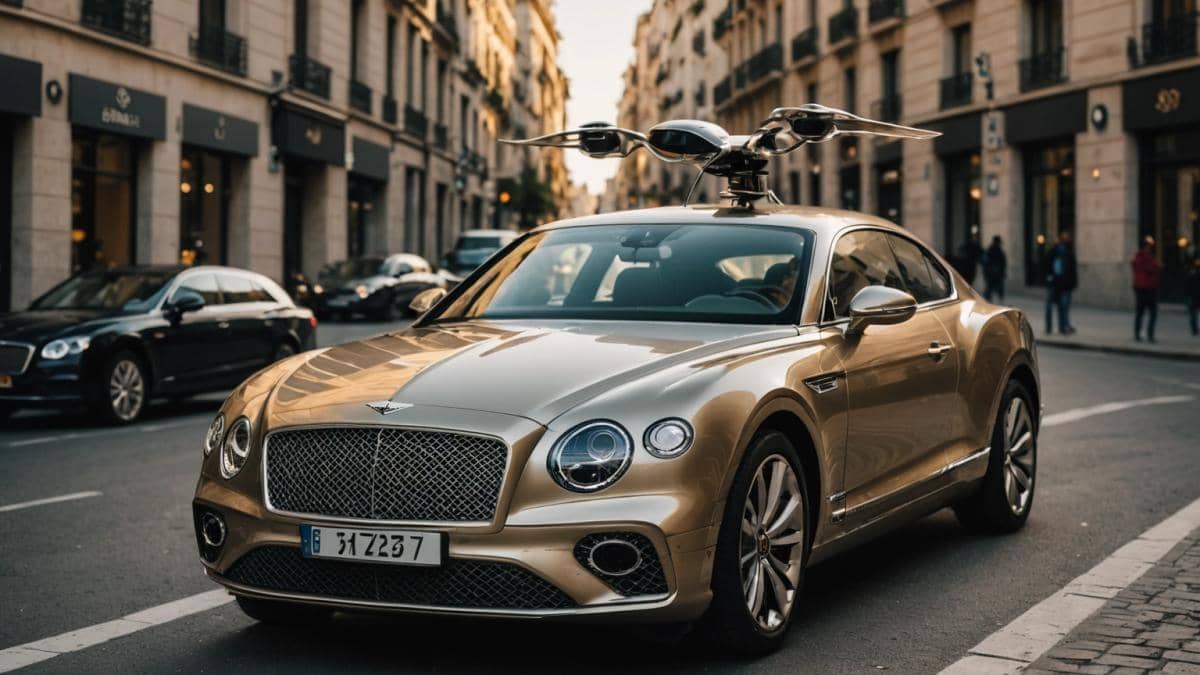 ¿Drones en tu Bentley? La locura tech que redefine el lujo automotriz (y lo que nadie te cuenta) A luxurious Bentley car parked on a modern street in Madrid, the iconic hood ornament launching and transforming into a sleek mini drone hovering just above the hood, photorealistic editorial style, golden hour lighting with city reflections, sharp focus on the drone in mid-flight, clean and elegant urban background highlighting both technology and exclusivity.