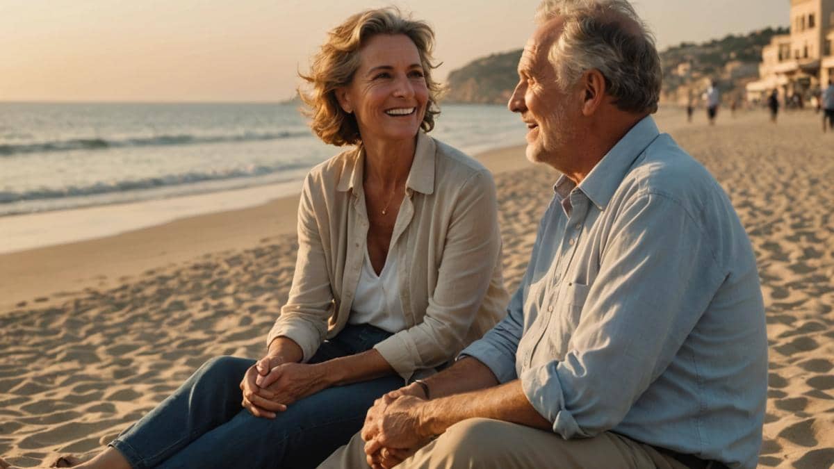 Un Si Grand Soleil: ¿Puede un beso cambiar tu destino? Reflexiones sobre el episodio del 16 de junio A photorealistic editorial-style image of a sunlit Mediterranean beach at dusk, two people—an older man and a woman in her early forties—are sitting together on the sand, sharing a meaningful conversation and gentle laughter, subtle romantic tension in the air. The main subjects are centered, faces softly illuminated by golden hour light, with subtle background details like a calm sea, pastel sky, and footprints in the sand to evoke nostalgia and intimacy. The mood is warm and reflective, inviting viewers to ponder relationships and life changes.