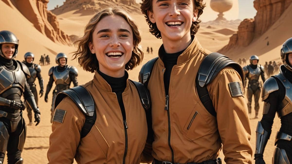 Florence Pugh and Timothée Chalamet, dressed in their Dune 2 costumes, laughing together on a futuristic film set. Photorealistic editorial style, bright studio lighting, sci-fi props and Arrakis-inspired backdrops in soft focus. Both actors are centered, their joyful expressions and playful body language clearly visible. Background crew members look on amused. Main subjects are in sharp focus, exuding youthful energy.