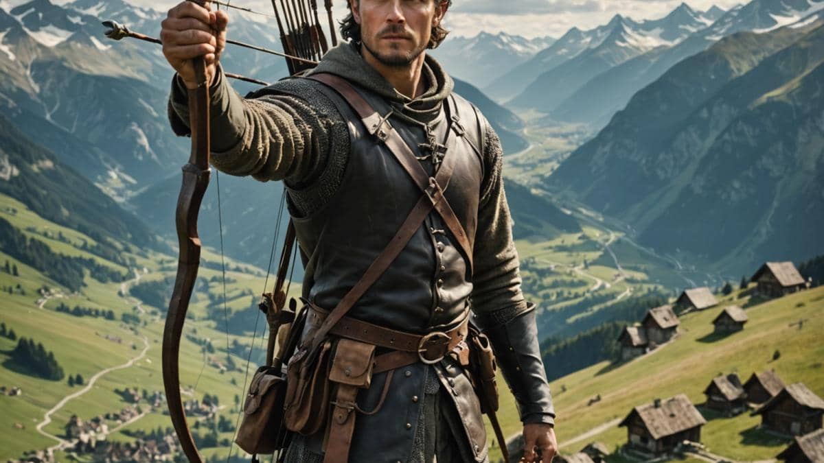 A charismatic actor dressed as a medieval archer, standing confidently in the center of an epic Swiss alpine landscape, photorealistic editorial style, dramatic natural light highlighting the tension, background shows hints of rebellion—villagers gathering and banners waving. Main subject is well-centered and in sharp focus, holding a bow with an arrow ready, his gaze determined, with a young boy at his side.